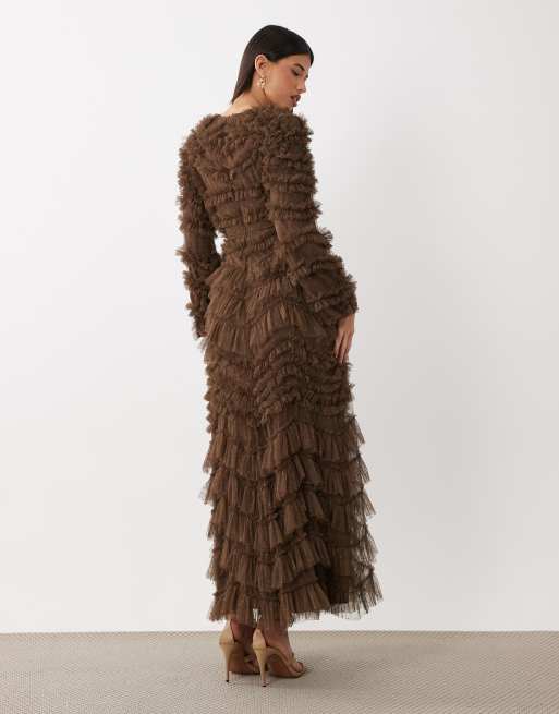 Beauut Maryisa robe longue à manches longues et volants couleur chocolat, 4 de 4