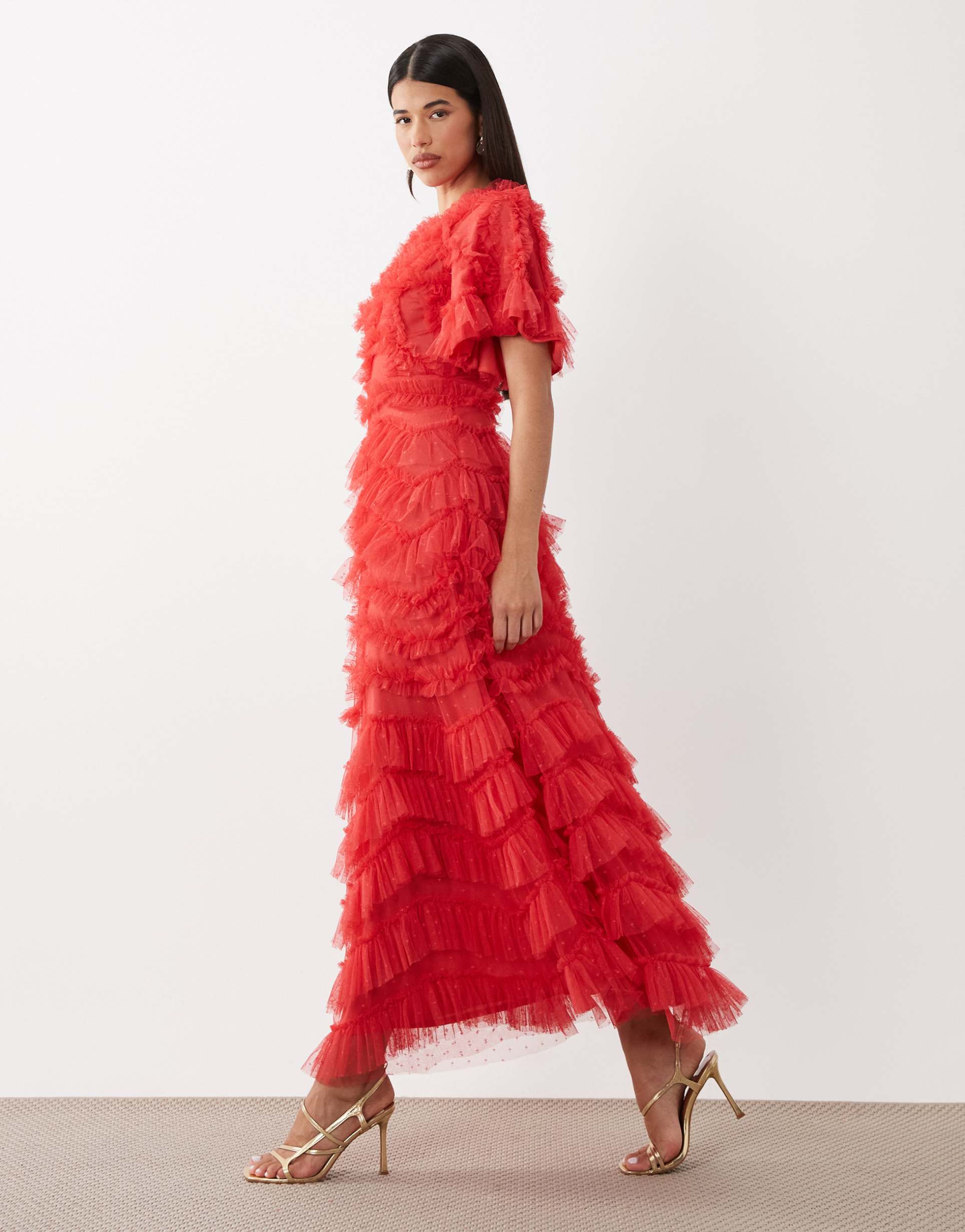 beauut maryisa short sleeve ruffle maxi dress in raspberry