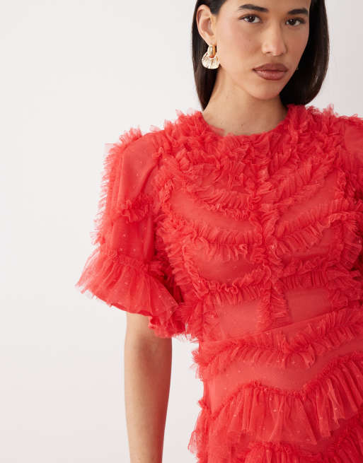 Beauut Maryisa short sleeve ruffle maxi dress in raspberry, 3 of 4
