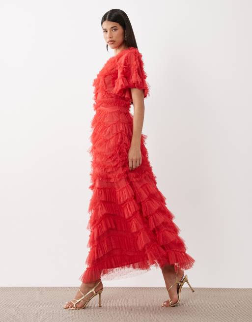 Beauut - Maryisa - Vestito lungo a maniche corte color lampone con volant