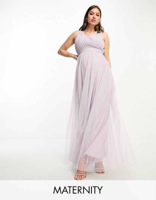 Beauut Maternity Bridal – Liliowa tiulowa sukienka maxi z kokardką na plecach