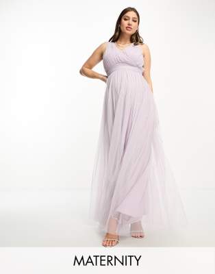 Beauut Maternity Bridal Maxi Dress In Tulle With Bow Back In Lilac-purple