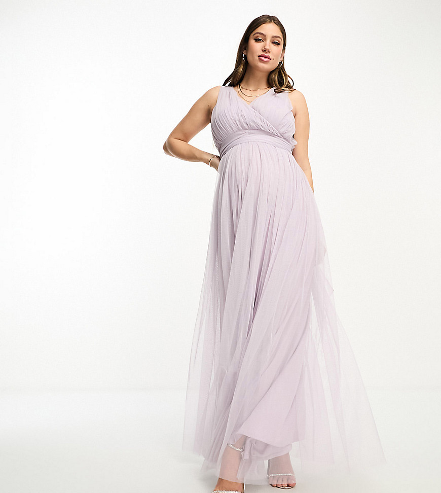 Beauut Maternity Bridal Maxi Dress In Tulle With Bow Back In Lilac-purple