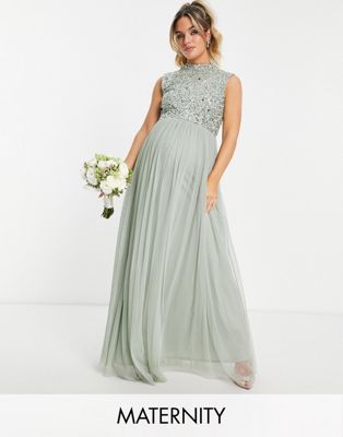 Beauut Maternity Bridesmaid 2 in 1  embellished maxi dress with full tulle skirt in sage