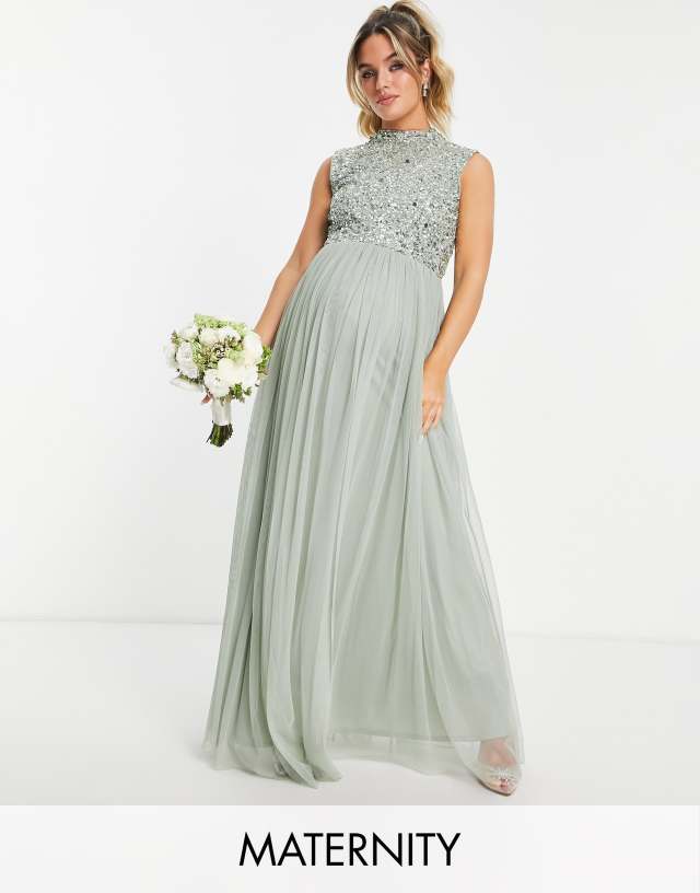 Beauut Maternity Bridesmaid 2 in 1 embellished maxi dress with full tulle skirt in sage