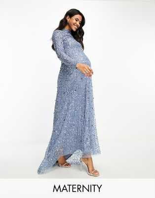 Beauut Maternity Bridesmaid all over embellished modest maxi dress in dark  blue | ASOS