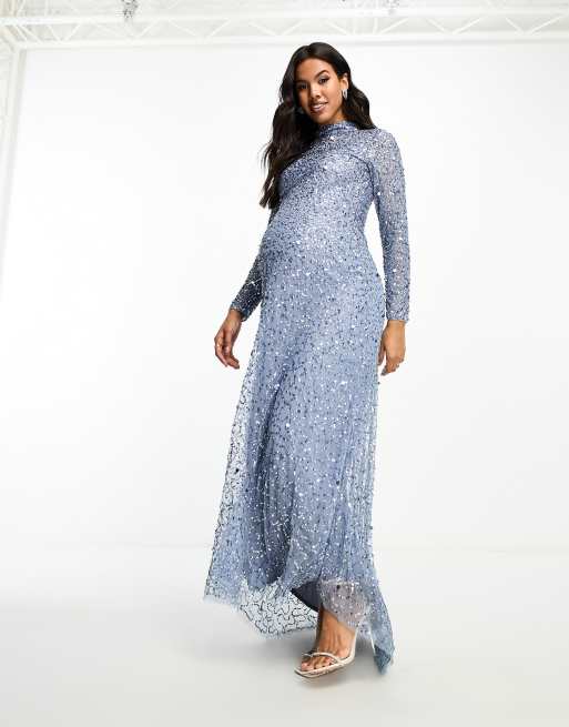 Beauut Maternity Bridesmaid all over embellished modest maxi dress in dark blue, 4 of 4