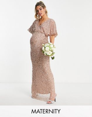 Beauut Maternity Bridesmaid allover embellished flutter sleeve in taupe
