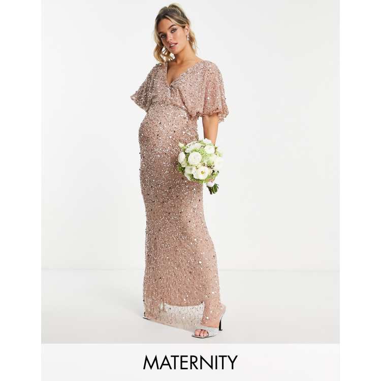 Beauut Maternity Bridesmaid allover embellished flutter sleeve in taupe |  ASOS