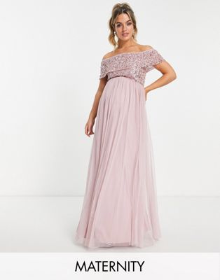 Beauut Maternity Bridesmaid bardot embellished maxi dress in frosted pink