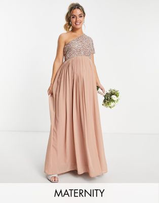 Beauut Maternity bridesmaid embellished bodice one shoulder maxi dress in taupe - ASOS Price Checker