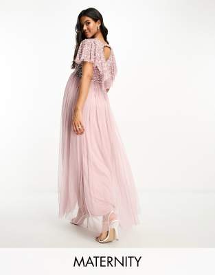 Beauut Maternity Bridesmaid embellished maxi dress with flutter detail in frosted pink