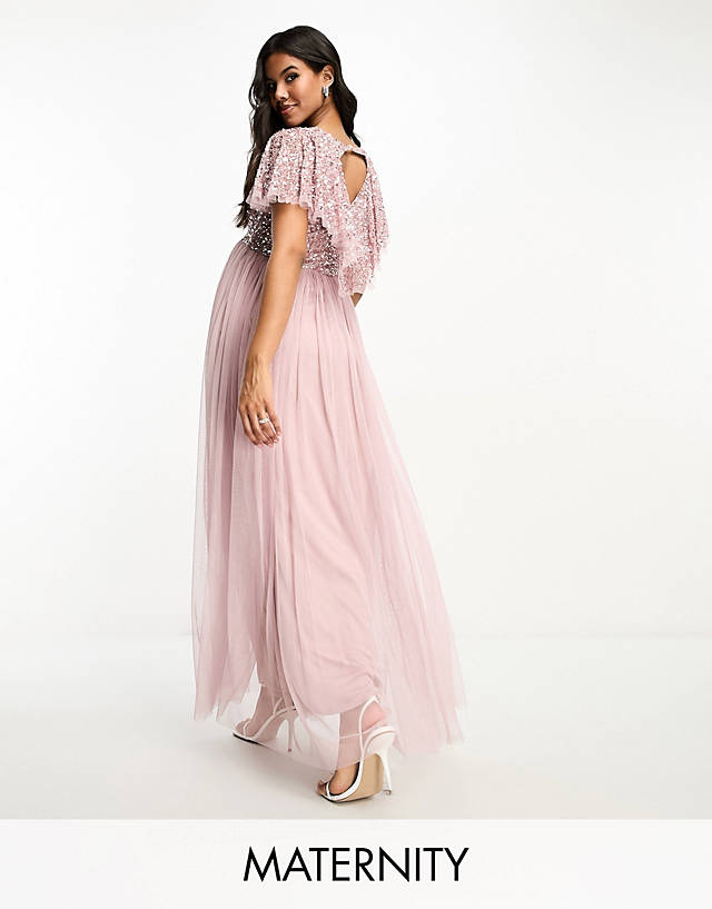 Beauut - maternity bridesmaid embellished maxi dress with flutter detail in frosted pink