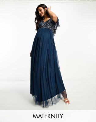 Beauut Maternity Bridesmaid  embellished maxi dress with flutter detail in navy  - ASOS Price Checker