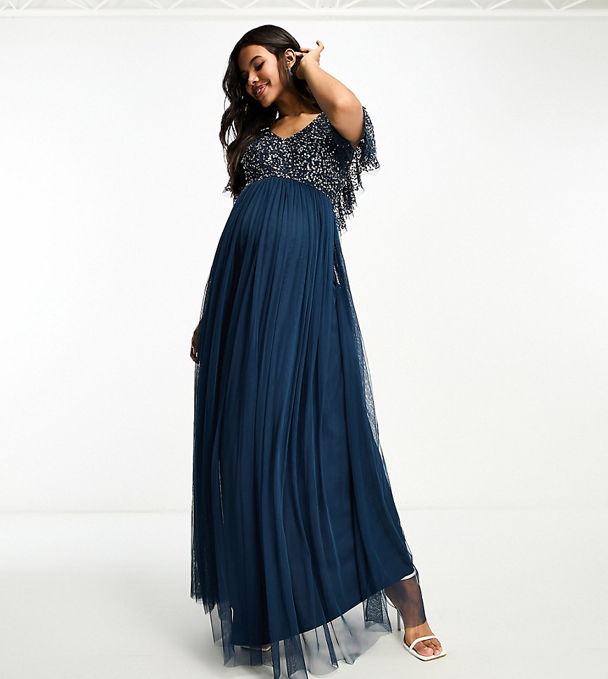 Shop Beauut Maternity Bridesmaid Embellished Maxi Dress With Flutter Detail In Navy