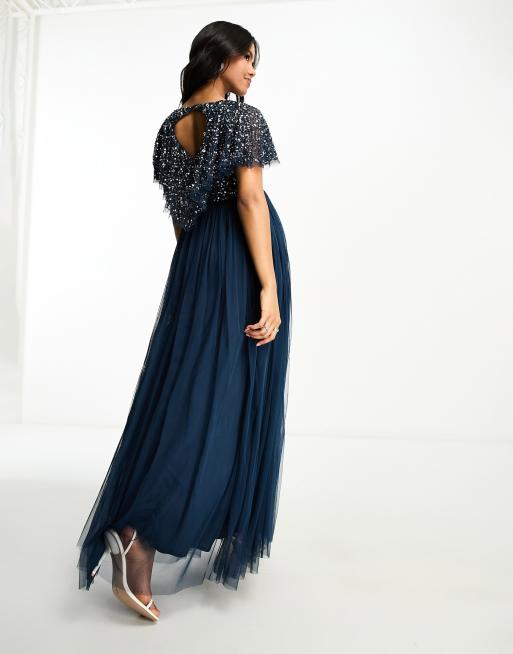 maternity bridesmaid dresses navy Navy Side Slit Satin Maternity Maxi Dress – PinkBlush