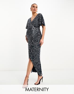 Shop Beauut Maternity Bridesmaid Embellished Maxi Wrap Dress In Navy