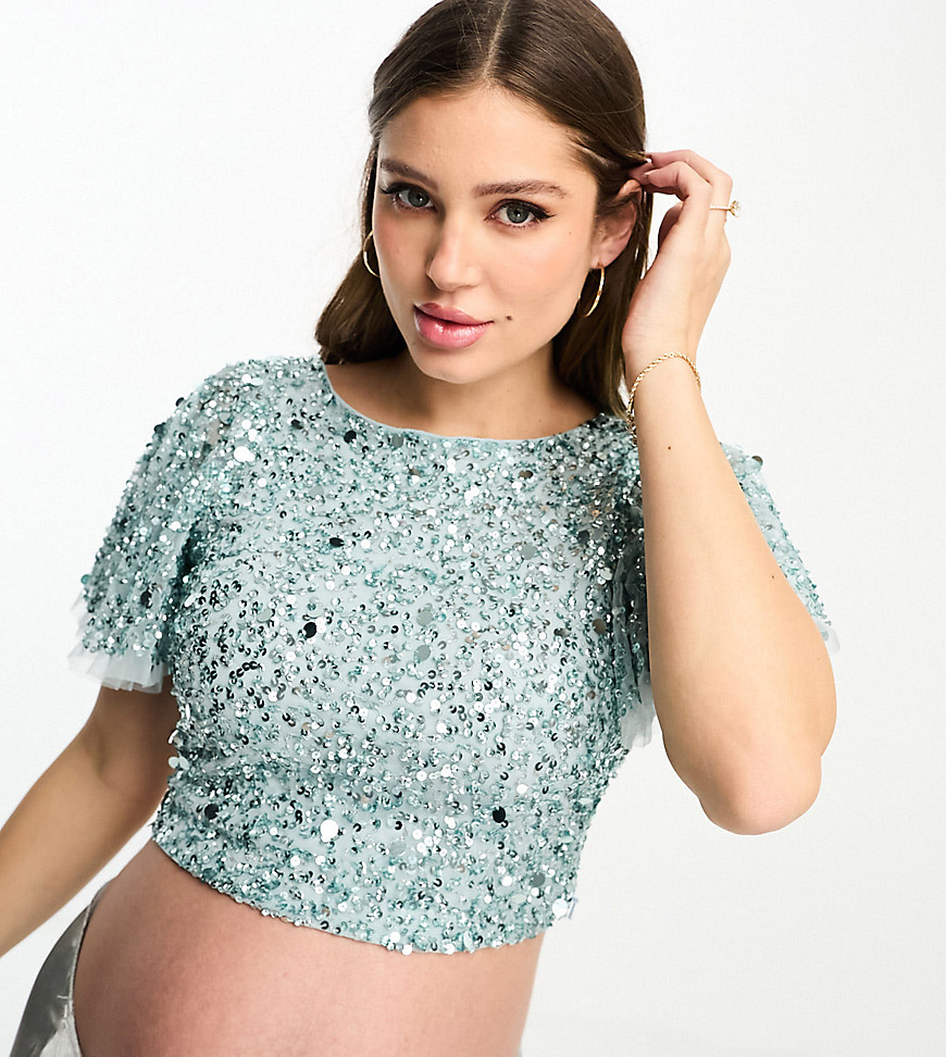 Beauut Maternity Bridesmaid embellished top with flutter back in ice