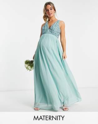 Maternity Bridesmaid embellished V neck maxi dress in aqua sage-Green