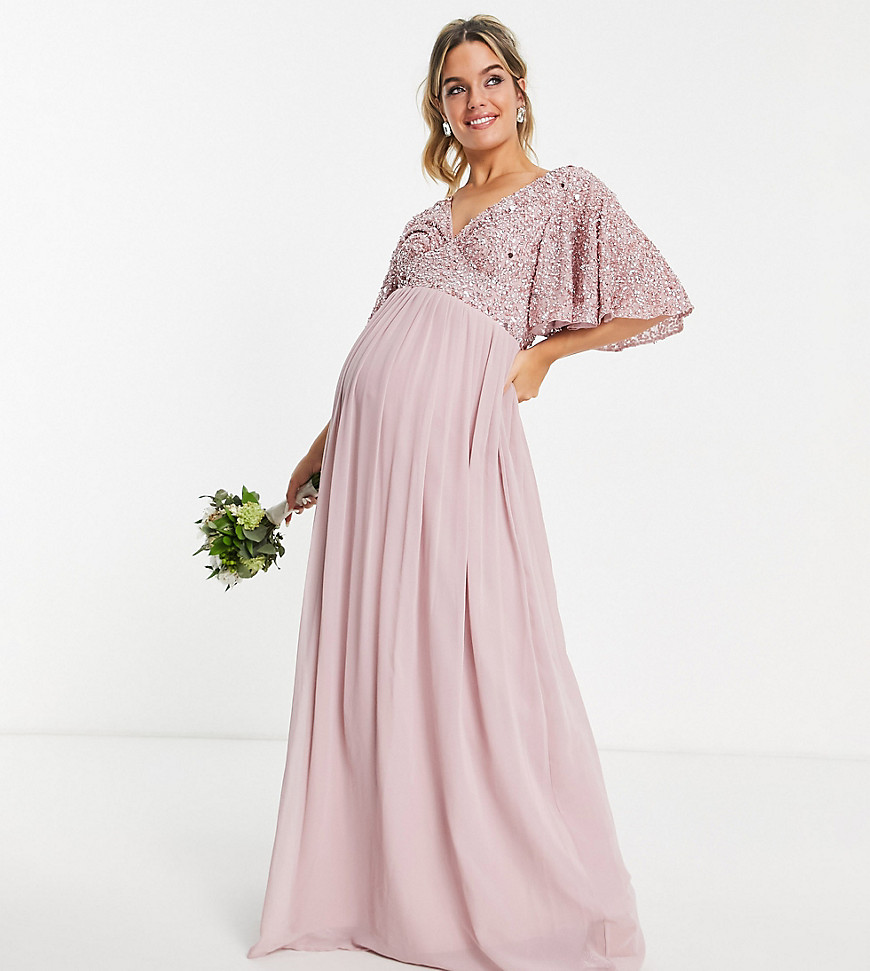 Beauut Maternity Bridesmaid emellished bodice maxi dress with flutter sleeve in frosted pink