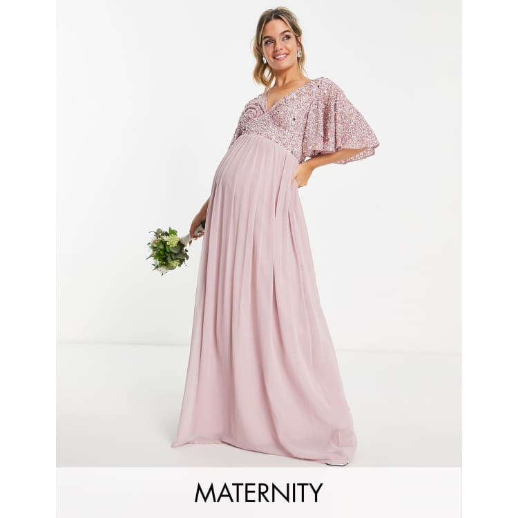 Beauut Maternity Bridesmaid emellished bodice maxi dress with flutter sleeve in frosted pink ASOS