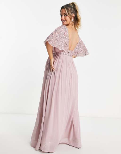 Beauut Maternity Bridesmaid emellished bodice maxi dress with flutter sleeve in frosted pink ASOS