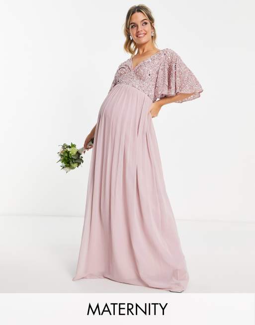 Beauut Maternity Bridesmaid – Jasnoróżowa sukienka maxi ze zwiewnymi rękawami i zdobioną górą