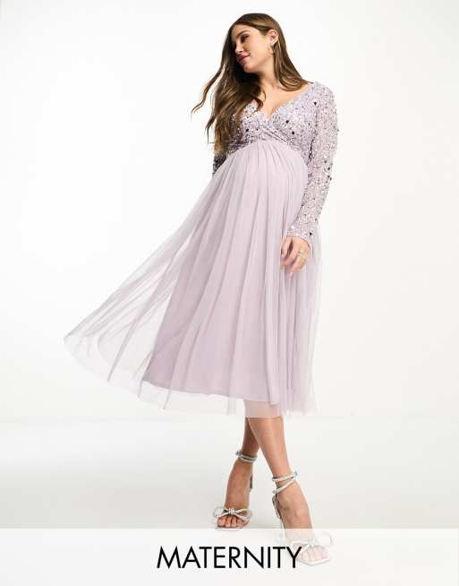 Beauut Maternity Bridesmaid long sleeve embellished midi dress in lilac