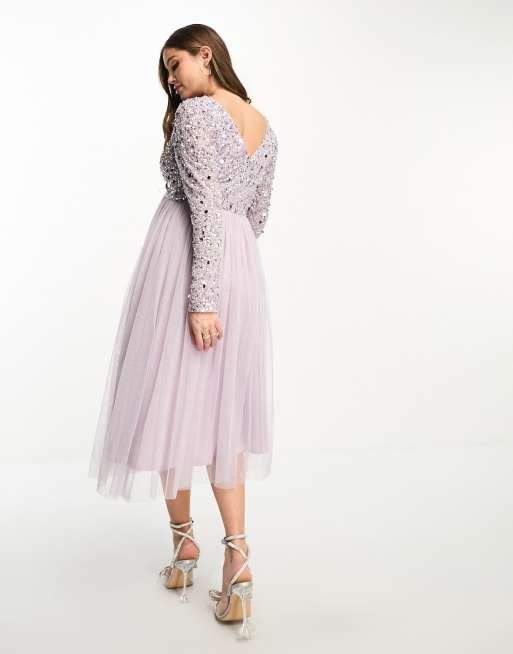 Beauut Maternity Bridesmaid long sleeve embellished midi dress in lilac |  ASOS
