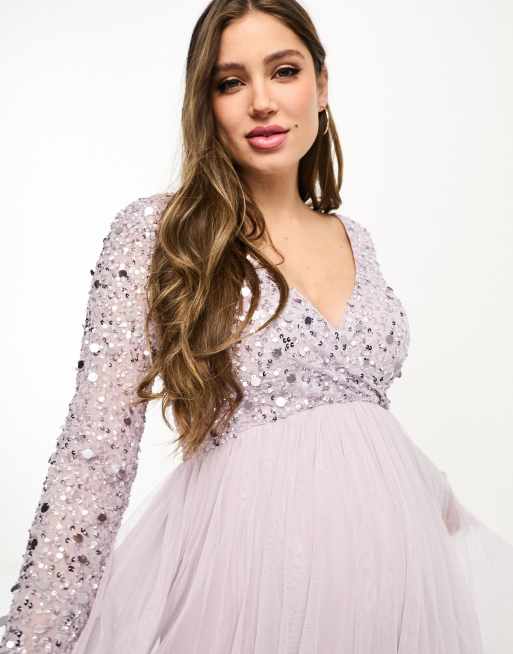 knee length dresses for ladies Maya Moody Lilac Embellished Long Sleeve Maxi Dress – Maya Deluxe main image 1