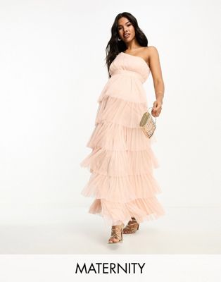 BEAUUT MATERNITY BRIDESMAID ONE SHOULDER TIERED MAXI DRESS IN BLUSH-PINK