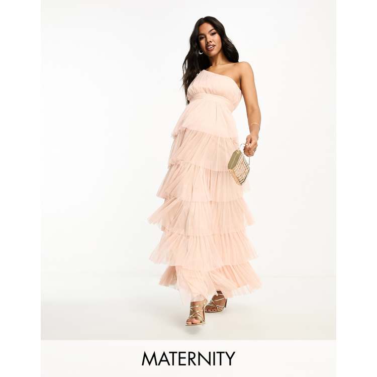 maternity blush bridesmaid dress Light Pink Square Neck Shoulder Tie Tulle Maternity Maxi Dress – PinkBlush main image 0