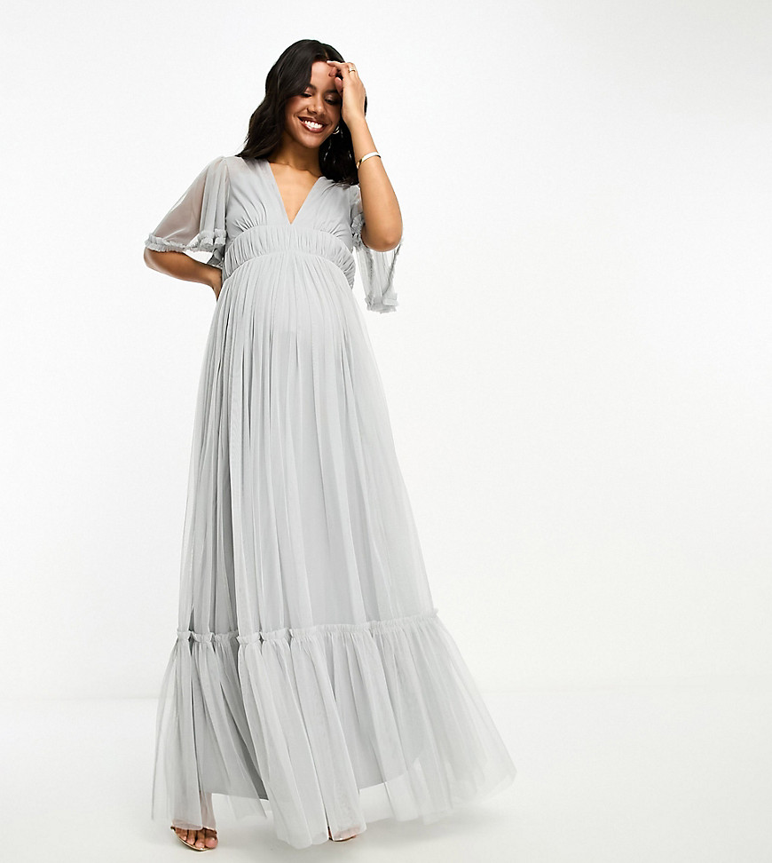 Maternity Bridesmaid tulle maxi dress with flutter sleeve in light gray