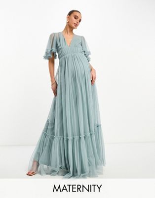 Beauut Maternity Bridesmaid tulle maxi dress  with flutter sleeve in mist  - ASOS Price Checker