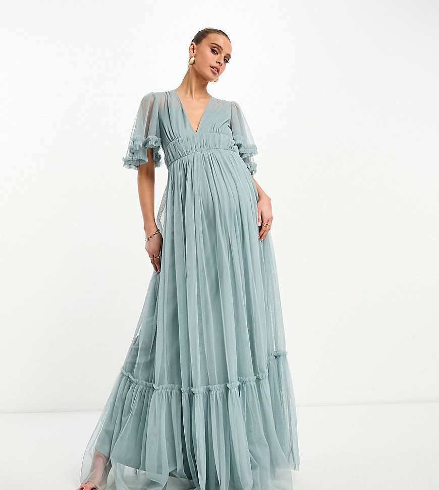 Beauut Maternity Bridesmaid tulle maxi dress with flutter sleeve in mist-Green