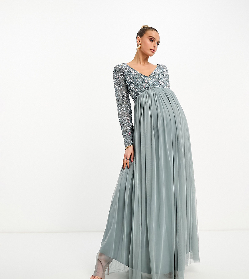 Beauut Maternity Bridesmaid wrap front maxi dress with mutli coloured embroidery and embellishment in misty green