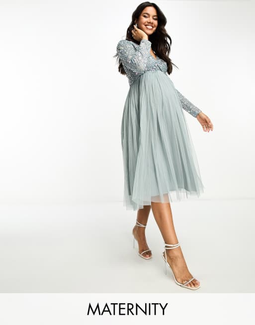 Beauut Maternity Bridesmaid wrap front midi dress with multi coloured embroidery and embellishment in misty green