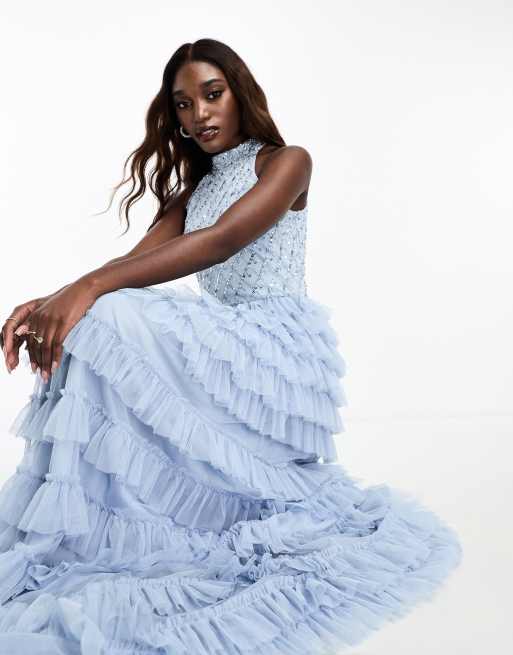 Beauut - Maxi jurk met halternek, versiering en gelaagde zoom in blauw