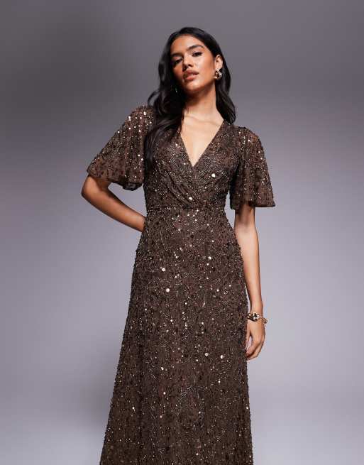 Beauut - Maxi-jurk met kapmouwen, versiering en V-hals met overslag in chocoladebruin, 2 van 4