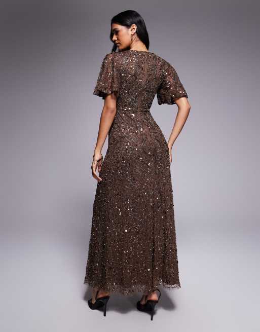Beauut - Maxi-jurk met kapmouwen, versiering en V-hals met overslag in chocoladebruin, 3 van 4
