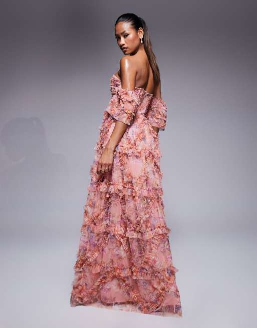 Beauut off shoulder ruffle maxi dress in pink floral, 3 of 4