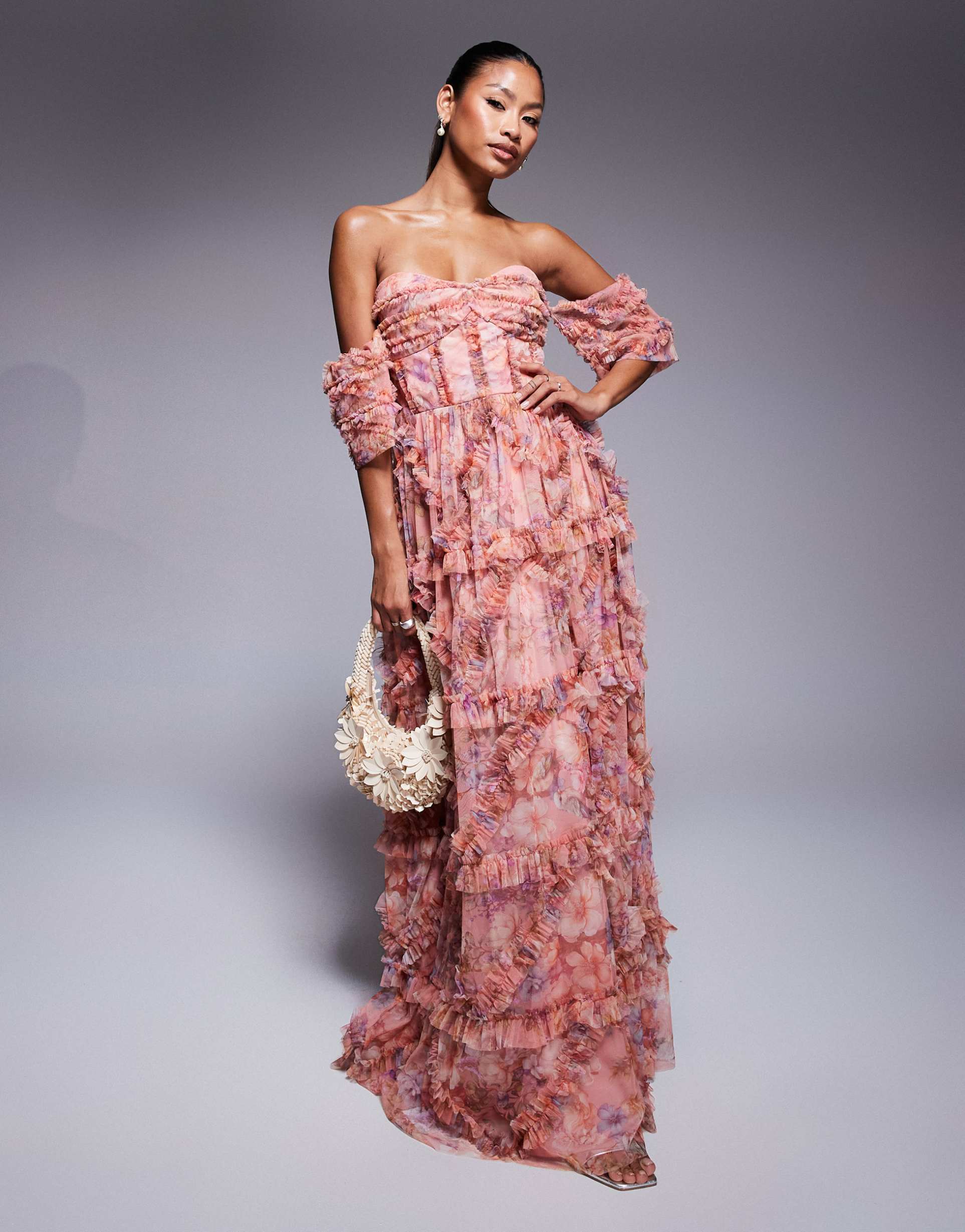 beauut off the shoulder ruffle maxi dress in pink floral