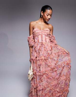 Beauut Off The Shoulder Ruffle Maxi Dress In Pink
