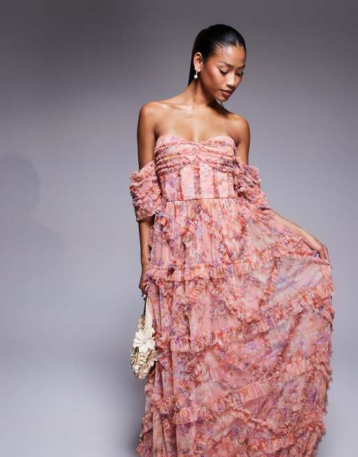 Beauut off shoulder ruffle maxi dress in pink floral