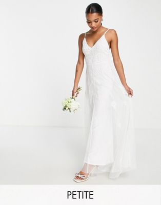Beauut Petite Bridal cami embellished maxi dress with train in white