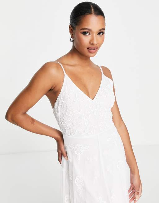 Beauut Petite Bridal cami embellished maxi dress with train in white