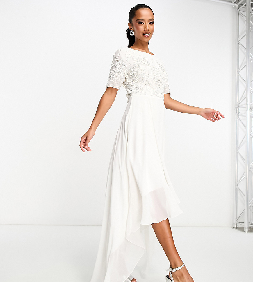 Beauut Petite Bridal embellished 2 in 1 dress with high low hem in ivory-White