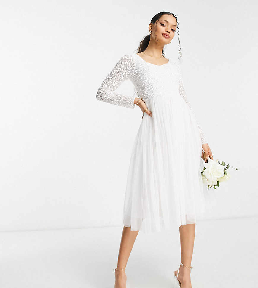 Beauut Petite Bridal embellished bodice midi skater dress with tulle in white