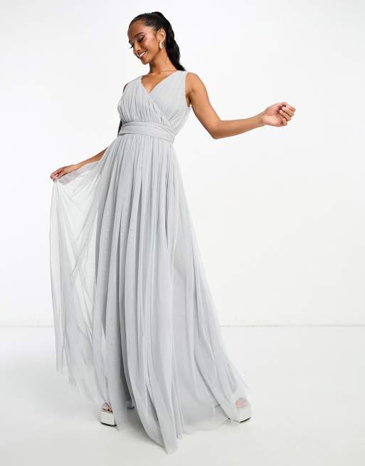 Beauut Petite Bridal maxi tulle dress with bow back in light grey