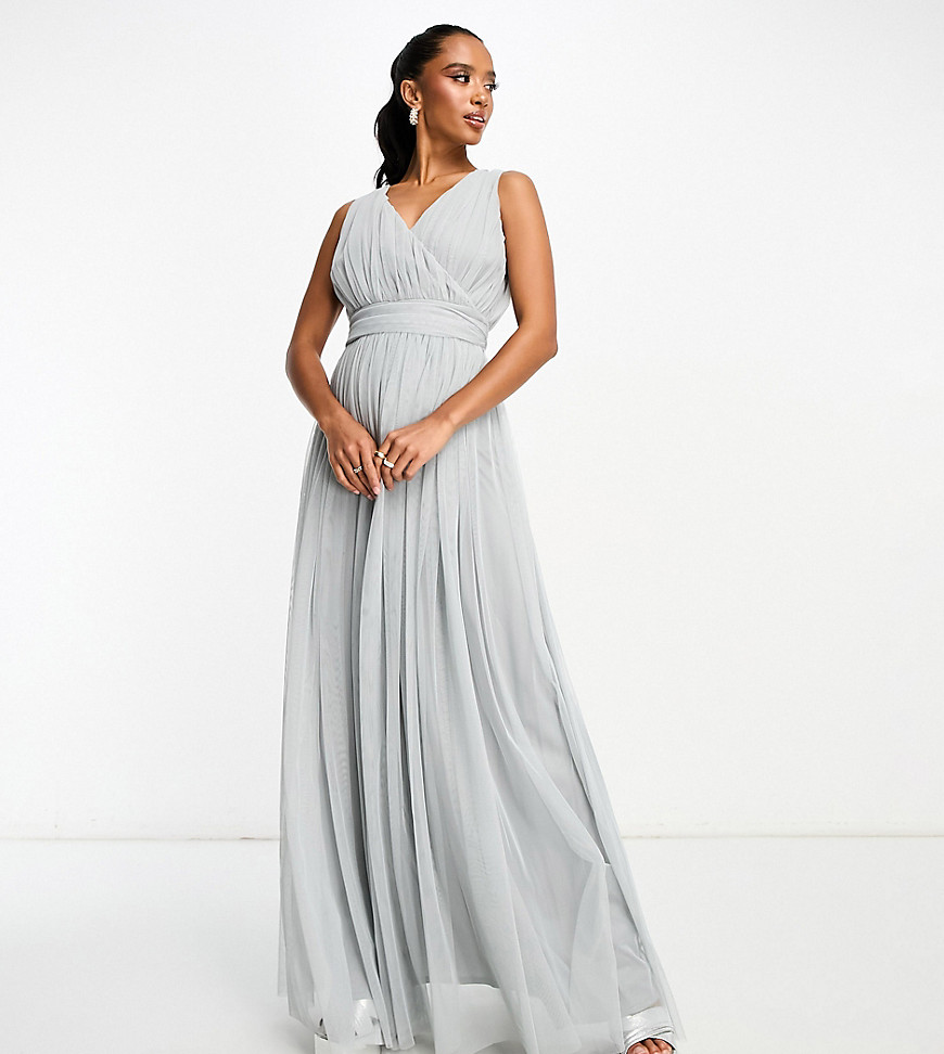 Petite Bridal maxi tulle with bow back in light gray